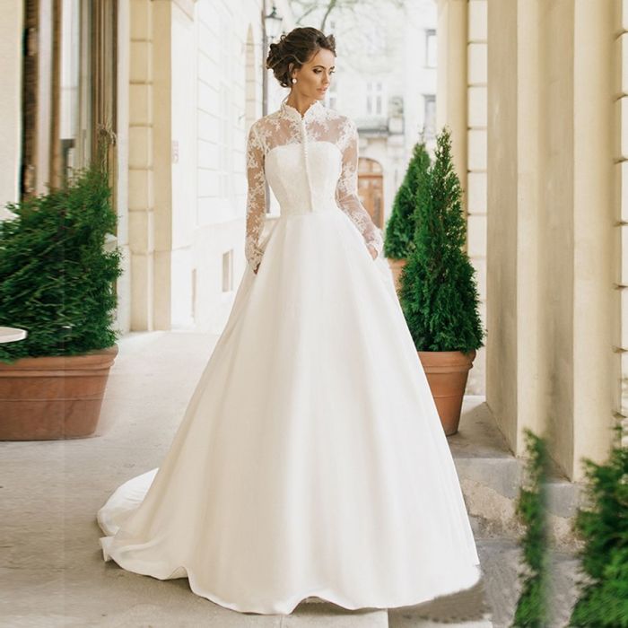 High neck short sleeve wedding dress